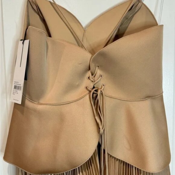 NWT Acler Willcocks Mini Dress Size 4 Tan Spaghetti Strap Pleated Lace-Up Back - Picture 13 of 13